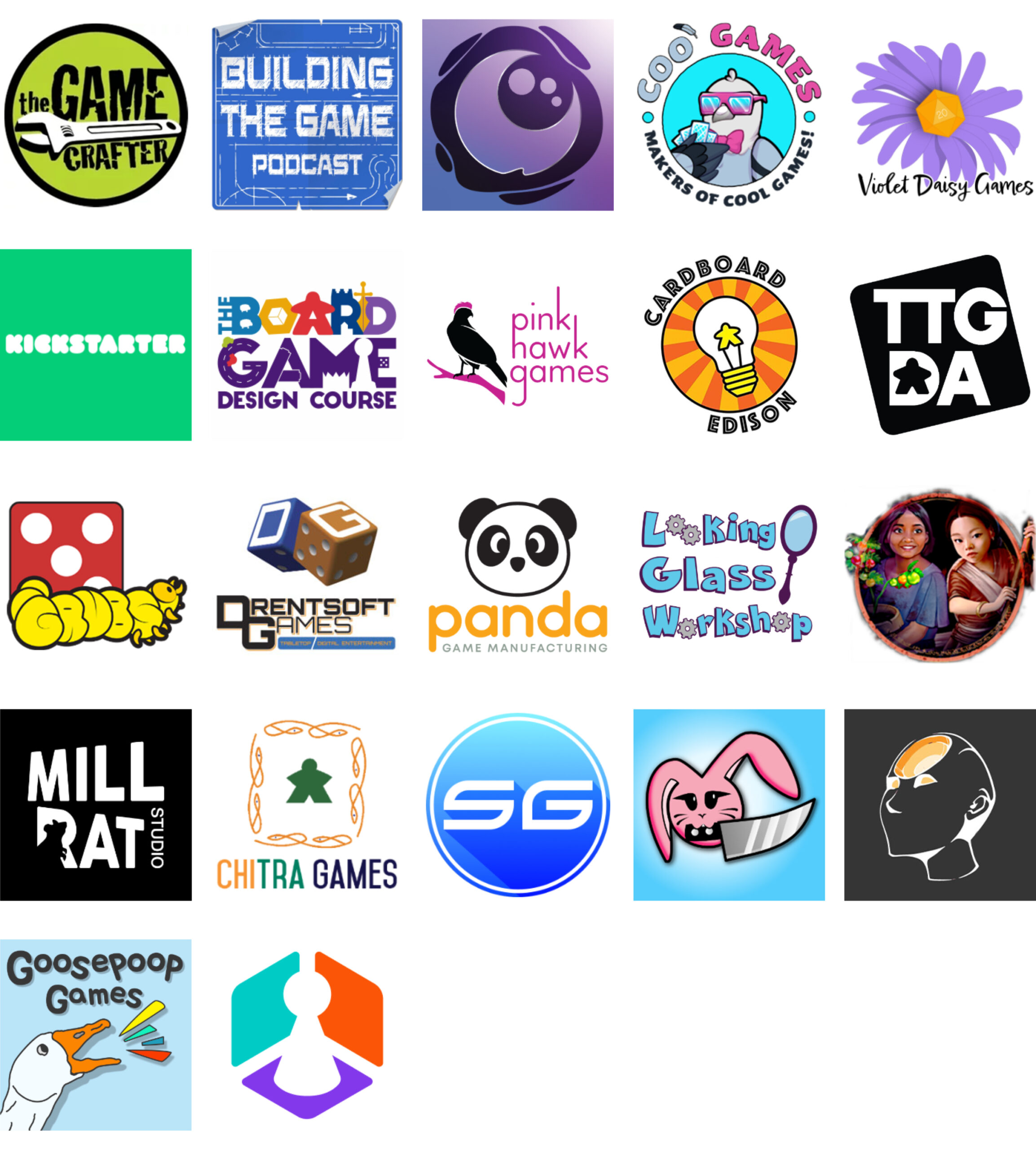 Sponsor logos for January 2025: The Game Crafter, Building the Game Podcast, Lunarpunk Games, Coo Games, Violet Daisy Games, Kickstarter, The Board Game Design Course, Pink Hawk Games, Cardboard Edison, TTGDA, GRUBS, Drentsoft Games, Panda Game Manufacturing, Looking Glass Workshop, Rakshasa Games, MILLRAT Studio, Chitra Games, Soucy Games, Knife Bunny, Mindgate Studios, Goosepoop Games, Boardssey