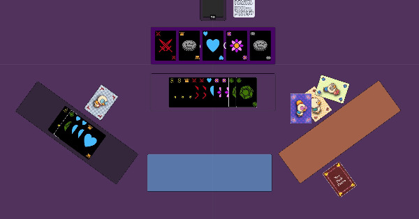 A variety of cards with knick knacks in a central pile, a duck with 5 of these cards in a container, and 3 ducks crowded around an empty container.