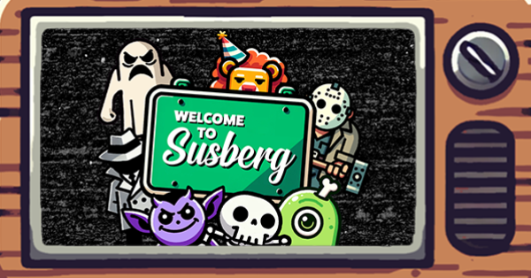 A picture of the Welcome to Susberg logo against static on a old television set.