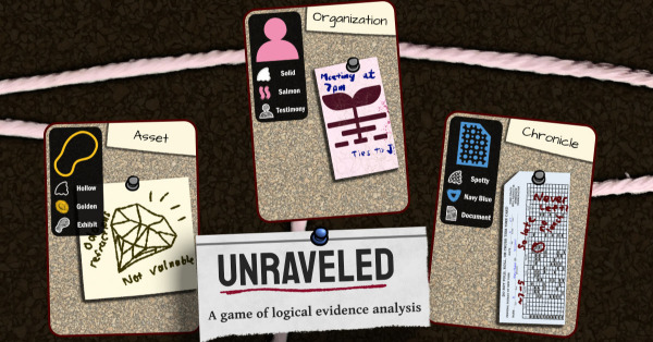 A variety of cards depicting evidence on a corkboard with string with a newspaper headlined 