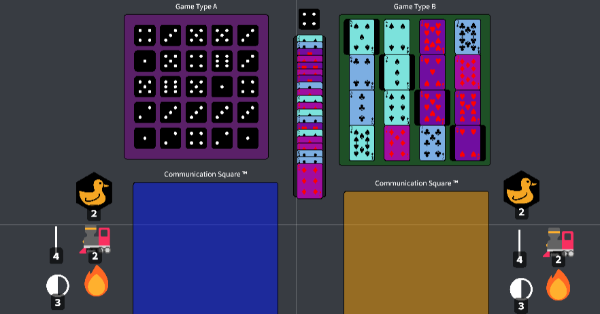 A grid of black die, a grid of blue and purple playing cards, two large colored squares, and an assortment of random pieces to the side