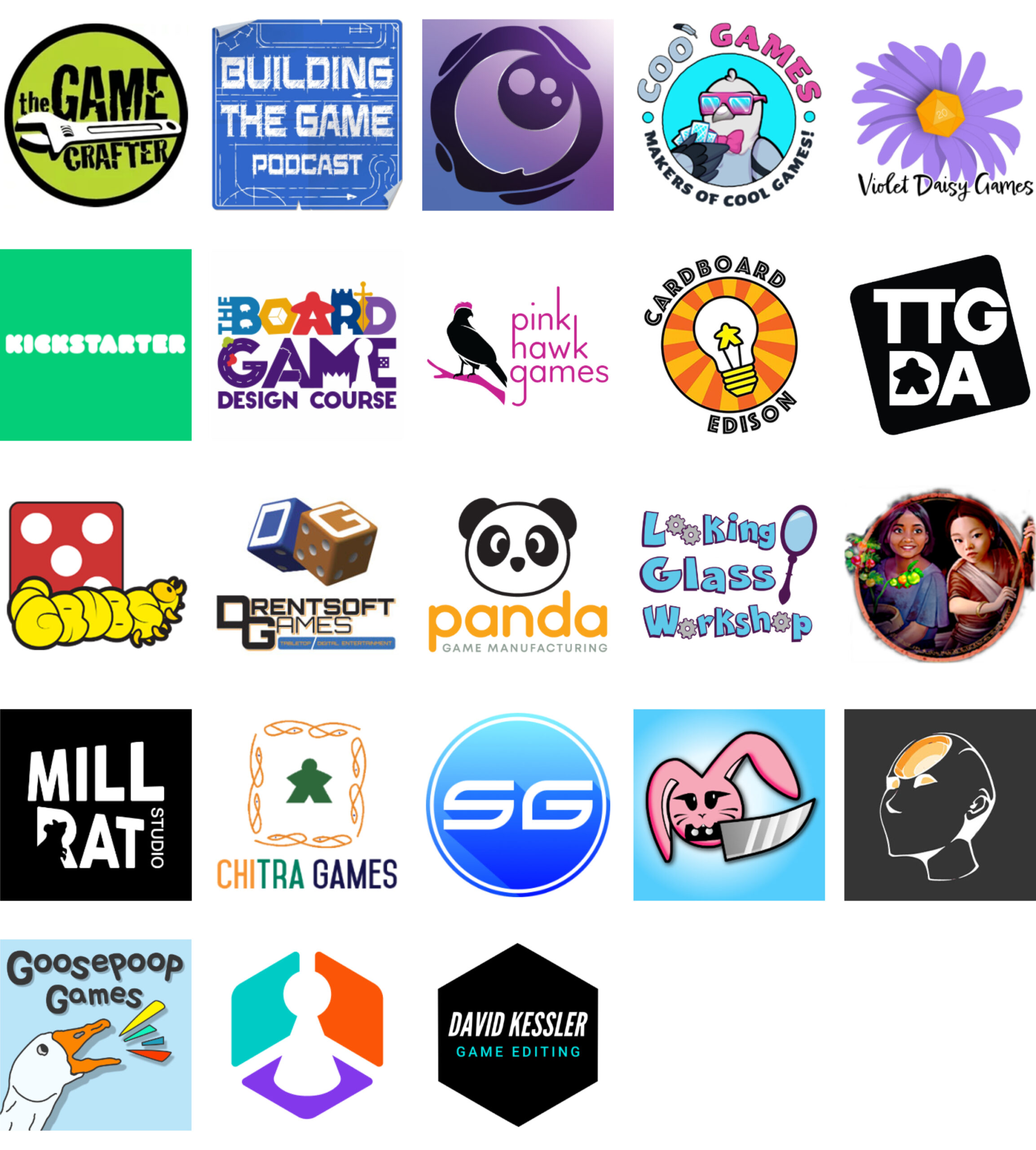 Sponsor logos for January 2025: The Game Crafter, Building the Game Podcast, Lunarpunk Games, Coo Games, Violet Daisy Games, Kickstarter, The Board Game Design Course, Pink Hawk Games, Cardboard Edison, TTGDA, GRUBS, Drentsoft Games, Panda Game Manufacturing, Looking Glass Workshop, Rakshasa Games, MILLRAT Studio, Chitra Games, Soucy Games, Knife Bunny, Mindgate Studios, Goosepoop Games, Boardssey, David Kessler Game Editing