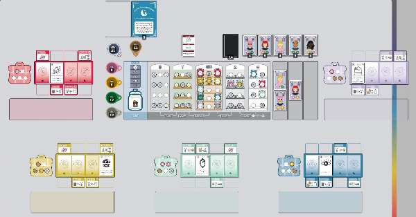 A variety of ingredients and aura across a compost, garden, kitchen, hearth, and basin, and a variety of students taking actions with spells and cards.